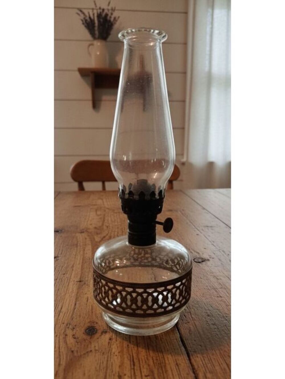 Vintage Lamplight Farms Miniature Silver Filigree Clear Glass Oil Lamp 8.5"